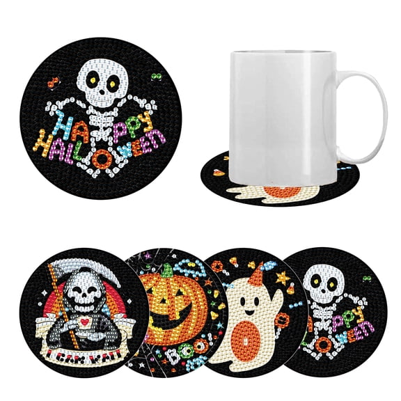 4pcs DIY Diamond Painting Coaster Kit with Halloween Pumpkin Hole Design and Stand, Perfect for Home Decor and Gift Giving