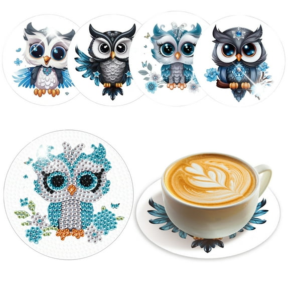 4pcs DIY Diamond Painting Coaster Kit with Owl Design and Stand, Perfect for Home Decor and Gift Giving