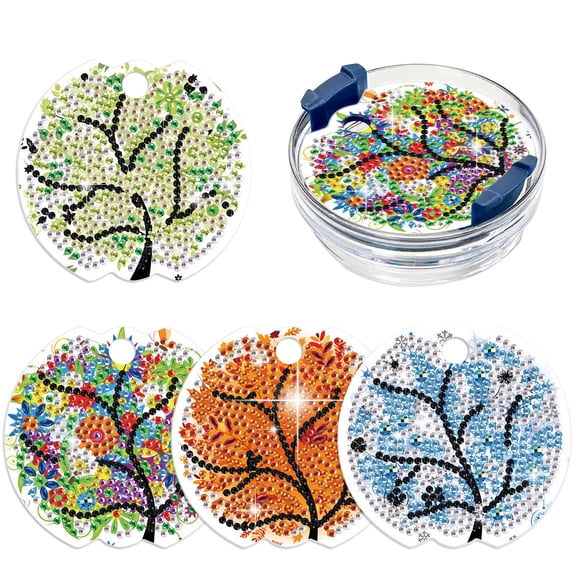 4pcs DIY Diamond Painting Cup Lid Kit Colorful Tree Mosaic Craft For Decorating Cup Lids, Water Cups, and Thermoses