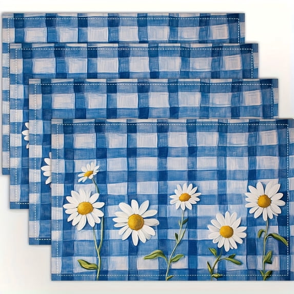 4pcs, Daisies on Blue Gingham Placemats, Fashion Print Pattern Table ...