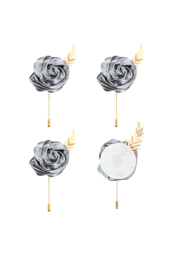 4pcs Dark Grey Rose Boutonnieres Flower Buttonholes Pocket Boutonnieres Pins with Leaf for Wedding (4.7 x 2 Inch)