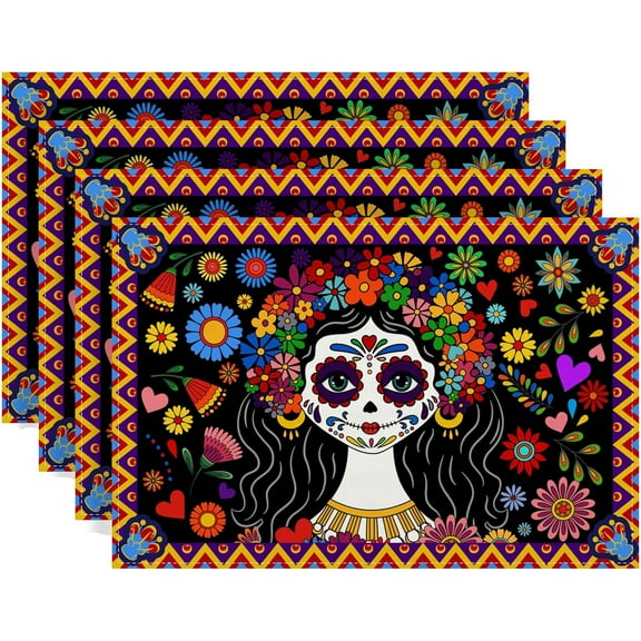 4pcs Day of the Dead Halloween Placemats Table Mats Durable Washable Rustic Linen Vintage Placemats for Home Dinner Party Camping Wedding Table Decoration 12 x 18 Inch