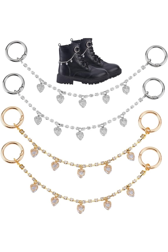 4pcs Decorative Shoe Charms Chains 8.9 Inch Punk Rhinestone Link Shoes Decorations Chains with Heart Clear Cubic Spring Gate Rings for Decorating Shoes Clothes Purse Jeans