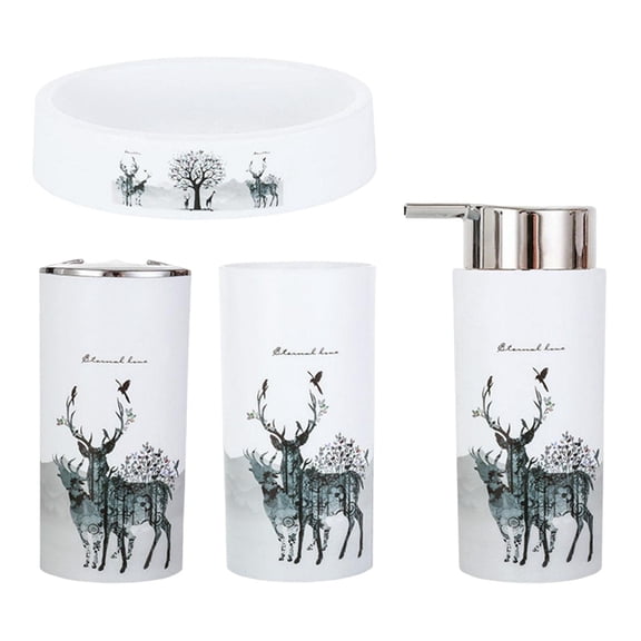 4pcs Deer Print Bathroom Essential Set including Toothbrush Cup Soap Dish and Press Pumps Dispenser for Organized Space