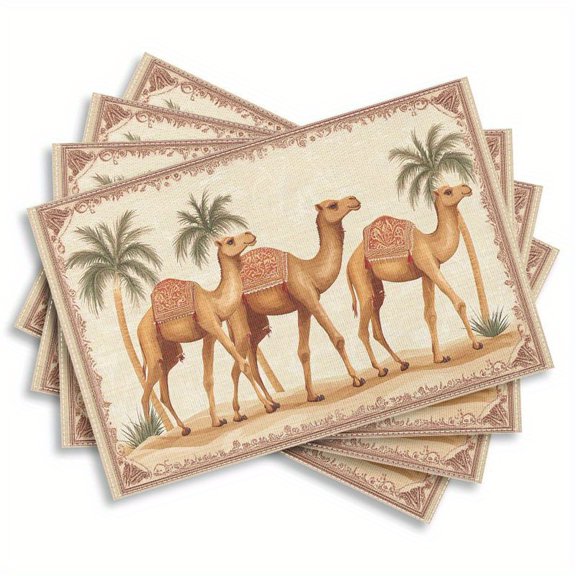4pcs Desert Placemats - Rectangular Table Mats Suitable for Dining Table, Hand Washable Washable Desert Landscape Design with Camels,Durable Table Decor for Holiday Parties & Everyday Use,12x18 Inch
