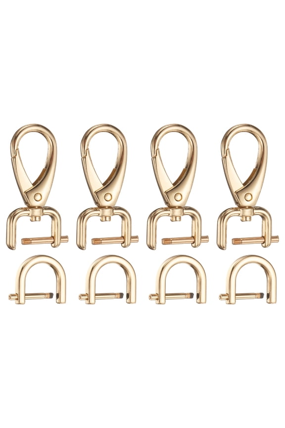 4pcs Detachable Snap Hook Swivel Clasp 1/16" (1.6mm) Zinc Alloy Lobster Claw Clasp with 4pcs D-Rings Screw in Shackle for Keychain Lanyard Purse Strap, Light Gold
