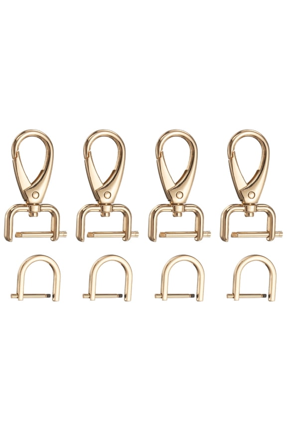 4pcs Detachable Snap Hook Swivel Clasp 3/32" (2mm) Zinc Alloy Lobster Claw Clasp with 4pcs D-Rings Screw in Shackle for Keychain Lanyard Purse Strap, Light Gold