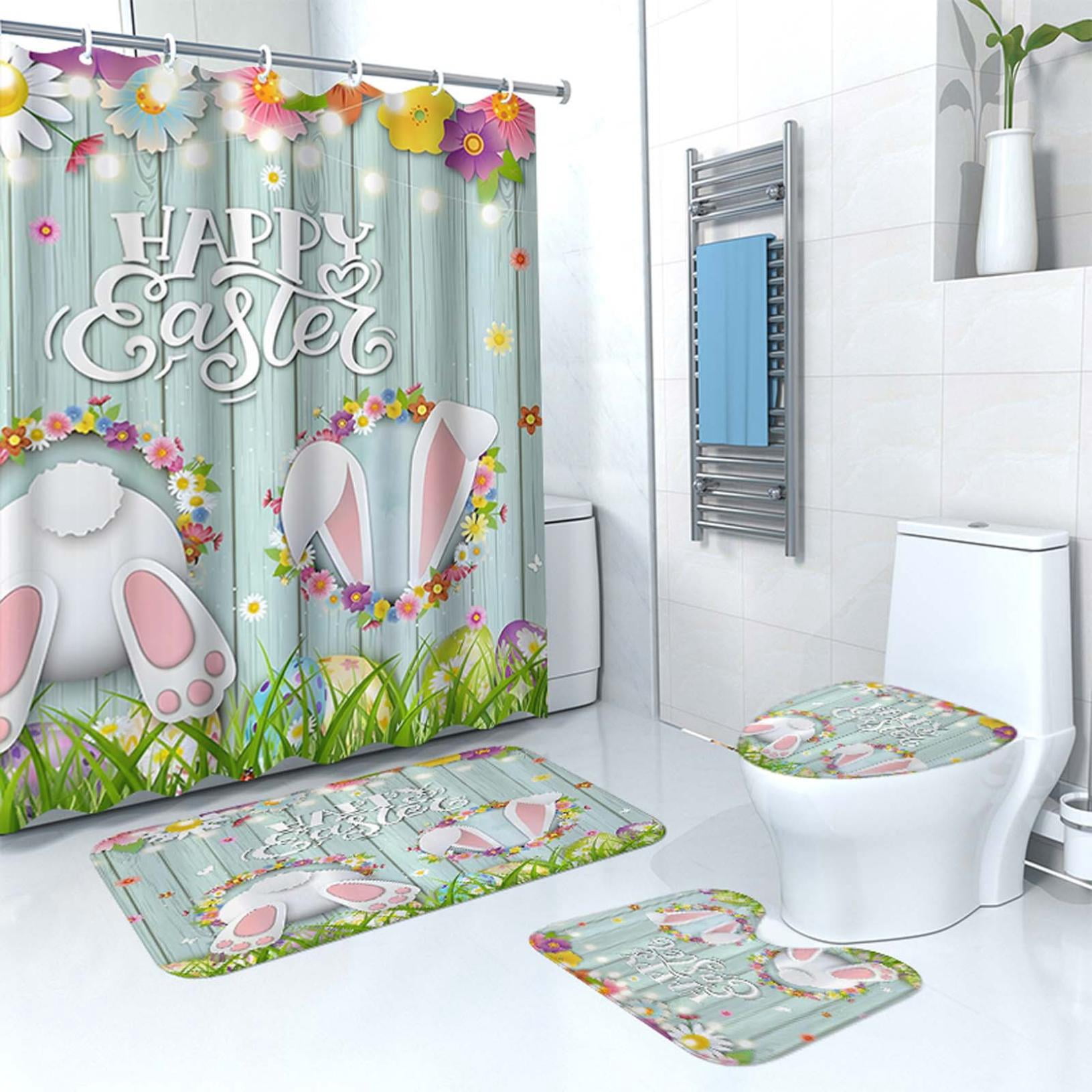 4pcs Easter Bunny Egg Bathroom Set - Waterproof Shower Curtain & Floor Mat for Dry-Wet Separation, Cute Easter Themed Bathroom Decor, Durable Non-Slip Mat & Curtain for Home Bathroom Use, Colorful
