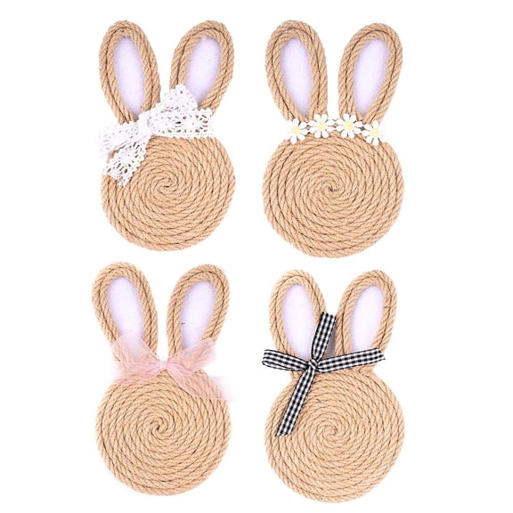 4pcs Easter Bunny Rope Coasters Set, Heat Resistant round Drink Mats for Kitchen Dining Table, Reusable Bunny Ear Cup Mats for Spring Holiday and Farmhouse Decor