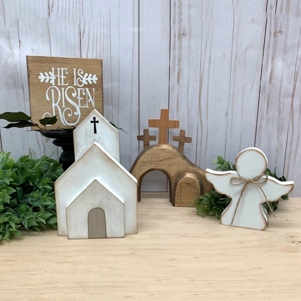 4pcs Easter Resurrection Scene Set  He is Risen Wooden Tabletop Centerpieces Decorations The Tomb was Empty Signs for Jesus Easter Home Holiday Table D�cor