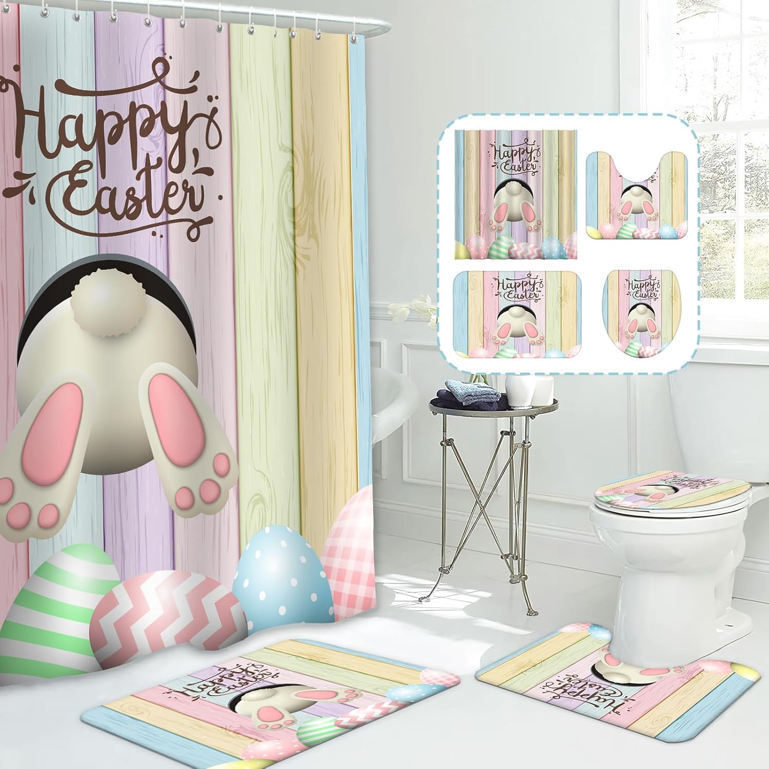 4pcs Easter Shower Curtain Sets with Non-Slip Rugs Toilet Lid Cover and Bath Mat Bunny Easter Bathroom Curtain Decor Set with 12 Hooks Waterproof Shower Curtain Set for Bathroom