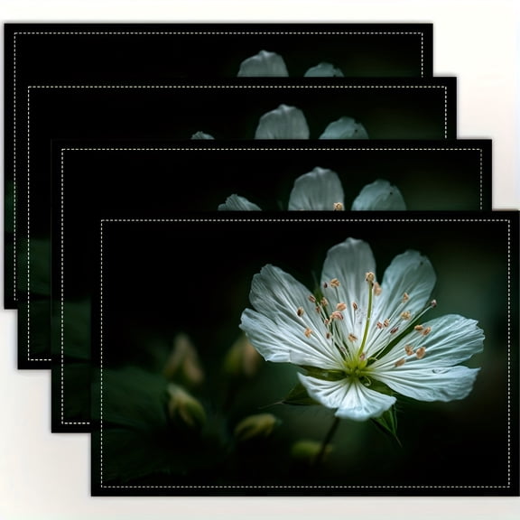 4pcs Elegant Black & White Cherry Blossom Placemats - Dark Green Floral Table Mats with Texture, Square 12x18 Inch for Dining Table, Kitchen, Party, Home Decor - Beige & Olive Green Border