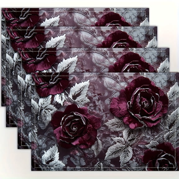 4pcs Elegant Burgundy & Silver Damask Roses Placemats - 12x18 Inch Linen Table Mats for Dining, Kitchen, Parties & Home Decor, Indoor Use Only, Party Table Setting | Elegant Table Setting