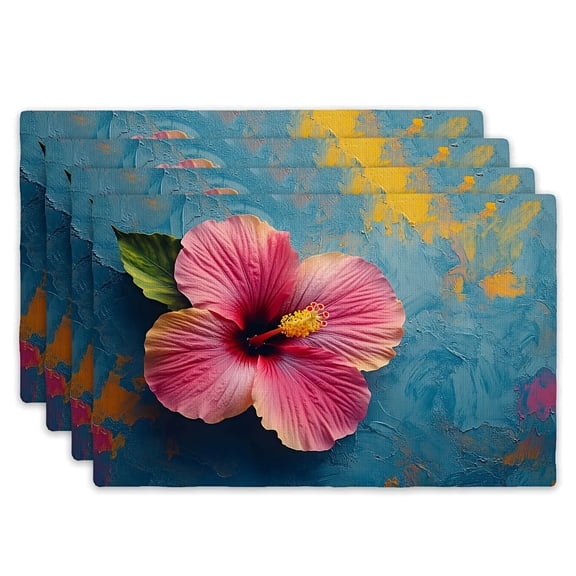 4pcs Elegant Hibiscus Flower Placemats Set - Turquoise Blue & Pink Hibiscus Table Mats with Yellow-Golden Leaf Pattern, 12x18 Inch for Weddings, Parties, Restaurants, Everyday Dining