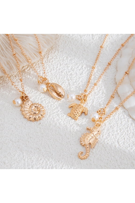 4pcs Elegant Layering Necklace Summer Shell Theme Sea Charm Design Neckchain
