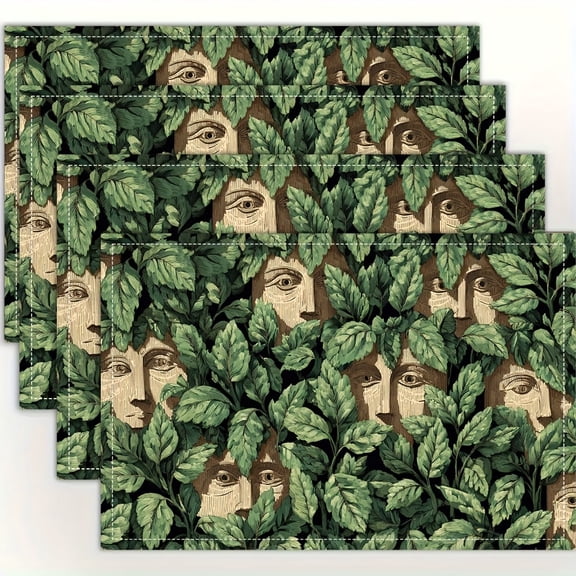 4pcs Elegant Leaf & Face Print Placemats - Green & Beige Table Mats with Greek Key-like Foliage & Classical Busts, 12x18 Inch for Dining Table, Kitchen, Party, Boho Mediterranean Home Decor