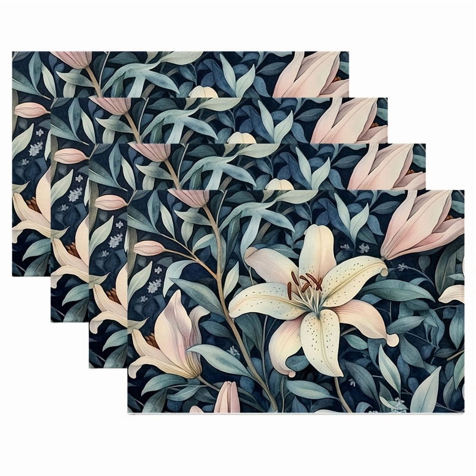 4pcs Elegant Navy Blue & Soft Pink Lily Placemats - Dark Green Leaf ...