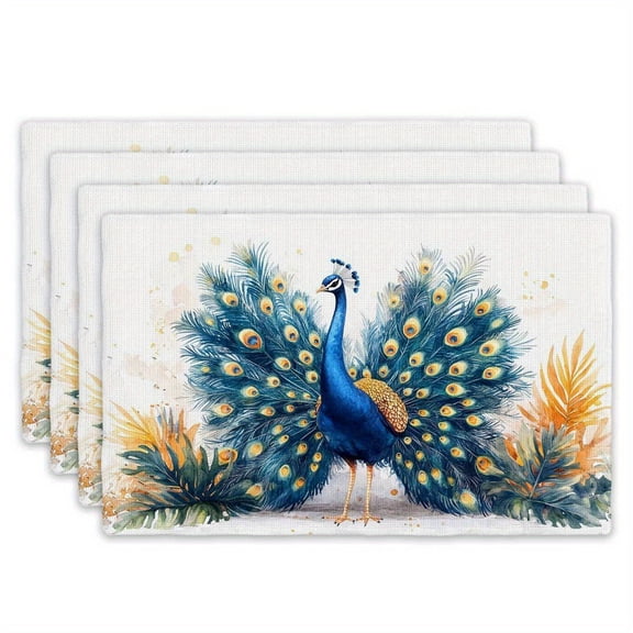 4pcs Elegant Peacock Feather Placemats Set - Large 12x18 Inch Luxury Table Mats with Turquoise Blue, Golden & Brown Peacock Design, Durable Fabric for Weddings, Parties, Everyday Dining