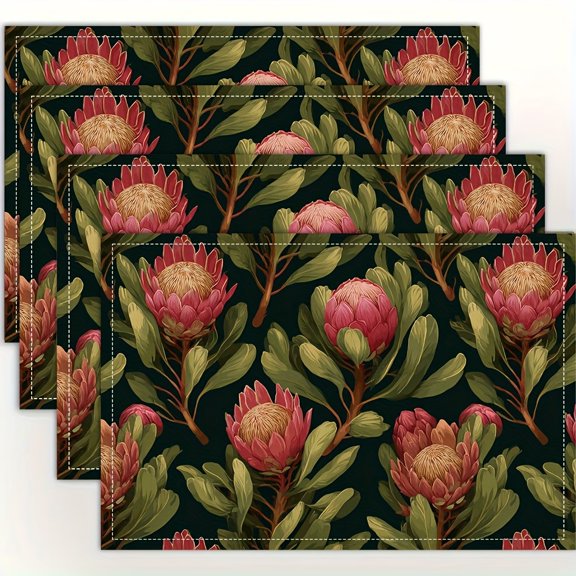4pcs Elegant Pink & Golden Protea Flower Placemats - Dark Green Botanical Table Mats with Cape Tulip Print, 12x18 Inch Square Fabric for Dining Table, Kitchen, Dinner Parties