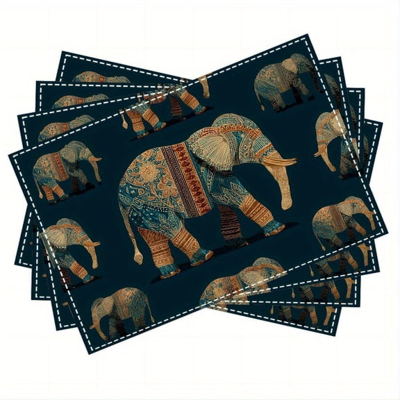 4pcs, Elephant Ethnic Style Teal And Copper Placemats, Fashion Print Pattern Table Mat, for Dining Table, Kitchen, Party, Indoor, Holiday, Dinner Parties And Home Decor (Table Mats) 12X18 Inch