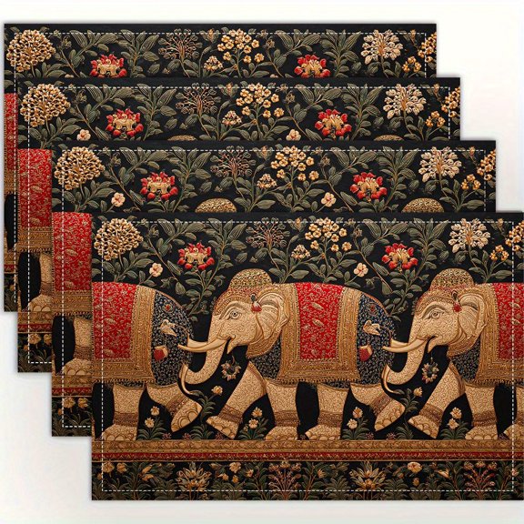 4pcs, Elephants Art Royal  Folk Art Placemats, Fashion Print Pattern Table Mat, for Dining Table, Kitchen, Party, Indoor, Holiday, Dinner Parties And Home Decor 12X18 Inch