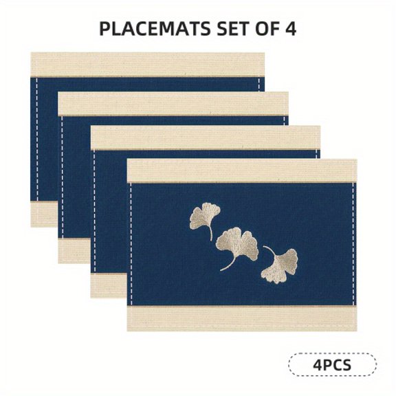 4pcs Embroidered Ginkgo Leaf Indigo Blue Minimalist Pattern Dining Placemats, Autumn Home Decor Coasters, Table Mats, Kitchen Dining Table Tableware Mats