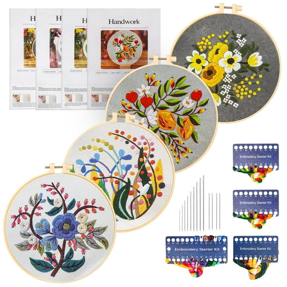 4pcs Embroidery Kit, EEEkit Flower Grass Pattern Cross Stitch Sewing Set with Hoop