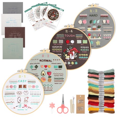 4pcs Embroidery Kit for Beginner, TSV Cross Stitch Practice Set with Hoops