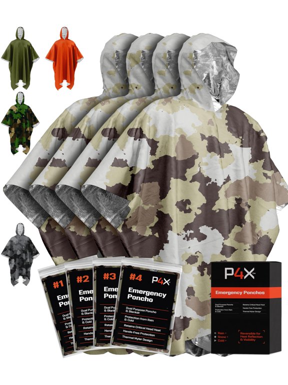 4pcs Emergency Mylar Poncho – Survival Rain Poncho with Hood – Lightweight, Compact, Reusable Emergency Blanket Poncho for Hiking, Camping, Thermal Gear, Car Kit, Outdoors