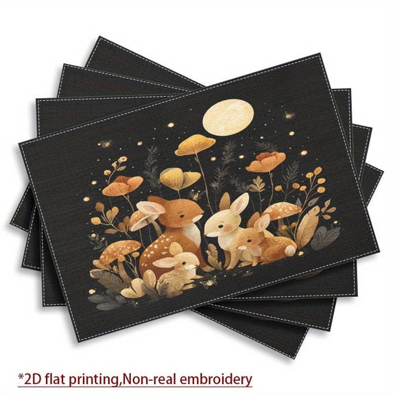 4pcs Enchanted Forest Table Mats - & Mushroom Print Placemats with Golden Accent Border, Dark Blue Washable, 12x18 Inch Rectangular Non-Slip-like Place Settings for, Party, ' Dining Table Decor