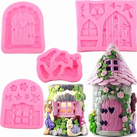 4pcs Enchanted Vintage Fairy Garden Fairy Gnome Home Door Snail Silicone Chocolate Candy Molds Fondant Molds Crafting Polymer Clay Cake Decorating