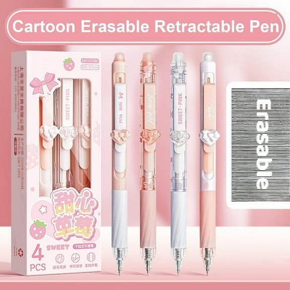 4pcs Erasable Cartoon Gel Pen Set, 0.5mm Black Ink Ballpoint Pens for Writing