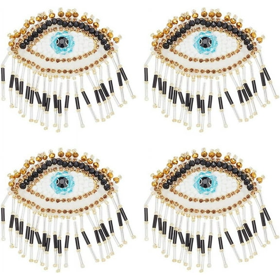 4pcs Evil Eye Tassel Rhinestone Applique Evil Eye Beaded Patch for Clothing Sew on Evil Eye Patches Evil Eye Embroidery Patches Applique for DIY Dress Hat Bag Jacket Shoes Garment DIY Decor