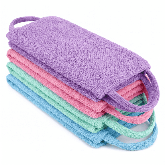 4pcs Exfoliating Back Washers Scrub with Handles Japanese Body Scrubber Cloth Towel for Shower Nylon Back Exfoliator Extended Back Washers Stretchable Body Bath Pull Strap for Cleans Skin Massages