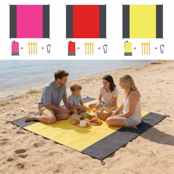 4pcs Extra Large Outdoor Camping Checkered Beach Mat, Waterproof Sandproof Foldable Picnic Blanket with Convenient Storage Pockets, Portable Mat for Travel Park Beach Backyard Camping, Yellow