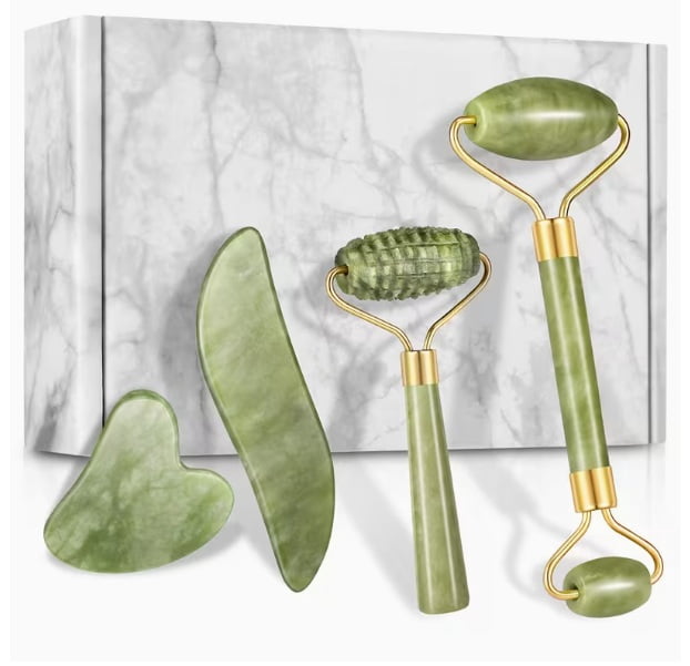 4pcs Facial Roller & Gua Sha Set - Natural Stone Facial Massager with Gua Sha Scraping Tool for Skincare and Relaxation