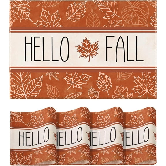 4pcs Fall Maple Leaves Placemats 12x18 Inch, Thanksgiving Seasonal Autumn Harvest Burlap Table Mat Farmhouse Rustic Leaf Table Decoration for Dining Table Holiday Indoor Party Decor