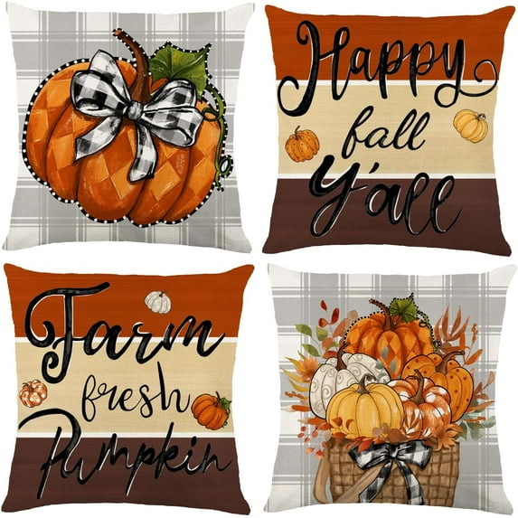 4pcs Fall Pillow Cover Decoration 18x18in Thanksgiving Pumpkin Buffalo Bow-knot Throw Pillow Cases Autumn Harvest Party Cushion Pillow Covers for Farmhouse Couch Sofa Outdoor Home Decor