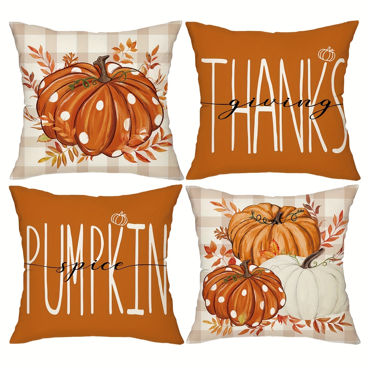 4pcs Fall Pillow Covers, 18*18Inch Buffalo Plaid Eucalyptus Leaves