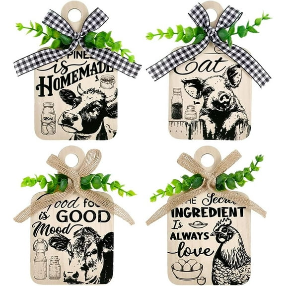 4pcs Farmhouse Animal Kitchen Wall Decor Cutting Board Eat Sign Set Wood Kitchen Wall Decor Dining Room Decorations for Home Living Room Bedroom Decoration 5.9x3.5inches