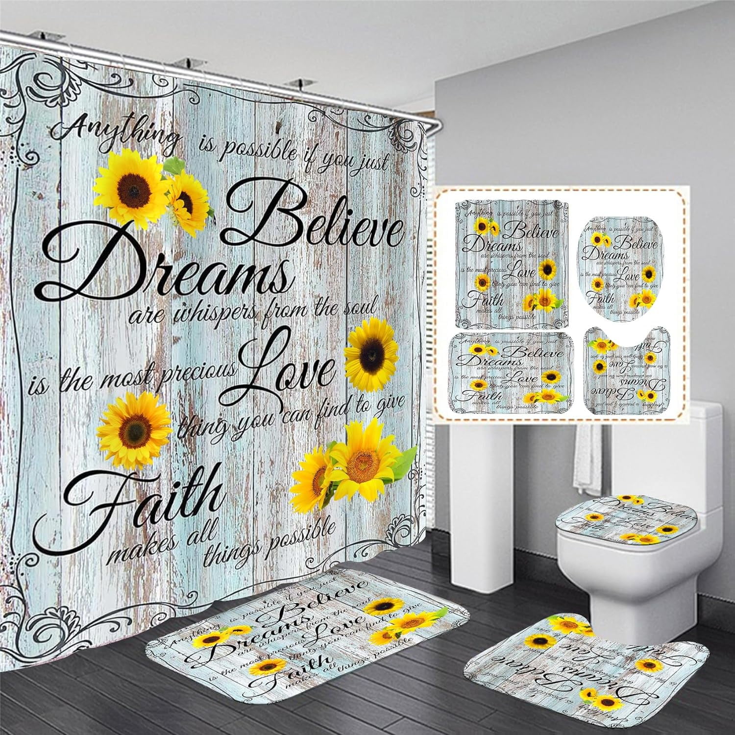 4pcs Farmhouse Shower Curtain Sets Sunflower Bathroom Decor Set Inspirational Quotes Bathroom Curtain Shower Set with Rugs and Accessories Floral Flower Shower Curtain