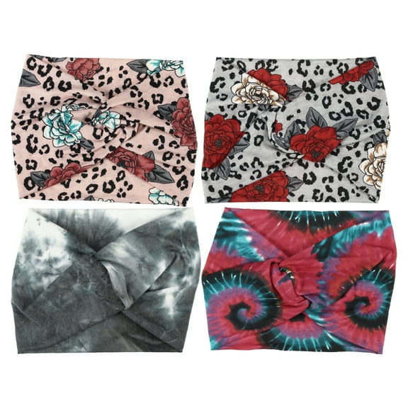 4pcs Fashion Bohemia Widening Knotted Headwrap for Women Black White Red Pink Gray
