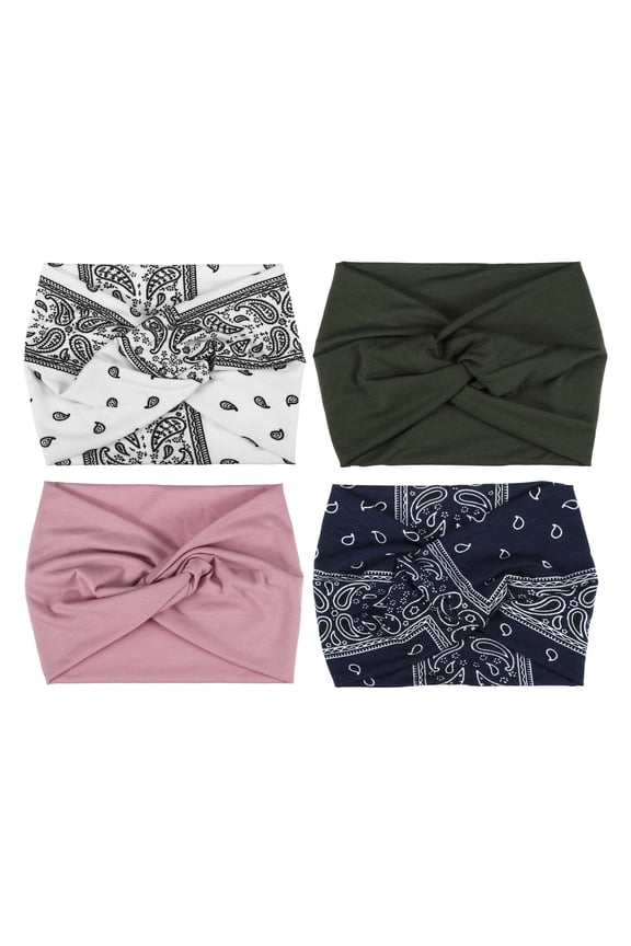 4pcs Fashion Bohemia Widening Knotted Headwrap for Women Pink Green Navy Blue White