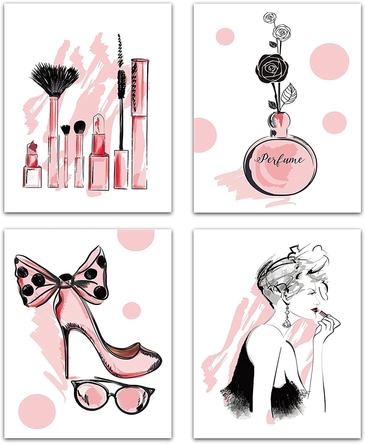 4pcs Fashion Women Canvas Wall Art Print Poster Set Unframed Wall Pictures Paintings Perfume Makeup Modern Artwork Decor for Dressing Room Bedroom Bathroom Home Girls Gift 8 x 10inch Pink