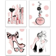 4pcs Fashion Women Canvas Wall Art Print Poster Set Unframed Wall Pictures Paintings Perfume Makeup Modern Artwork Decor for Dressing Room Bedroom Bathroom Home Girls Gift 8 x 10inch Pink