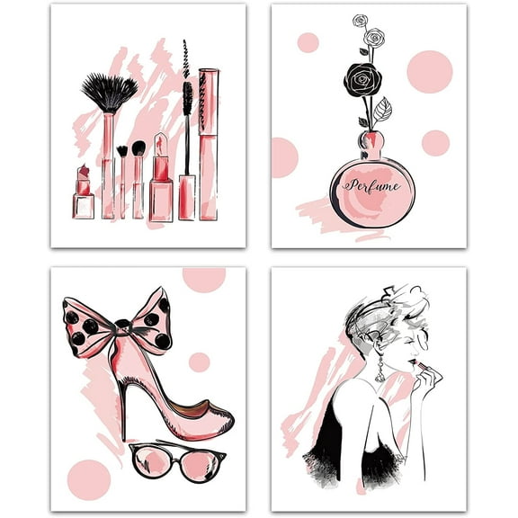 4pcs Fashion Women Canvas Wall Art Print Poster Set Unframed Wall Pictures Paintings Perfume Makeup Modern Artwork Decor for Dressing Room Bedroom Bathroom Home Girls Gift 8 x 10inch Pink