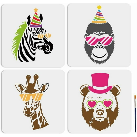 4pcs Fashionable Zebra Orangutan Giraffe Bear Stencil 11.811.8inch Stencil with Paint Brush Wearing Hat Sunglasses Animal Templates for Canvas Floor Decor DIY Art Crafts Colorful DIY