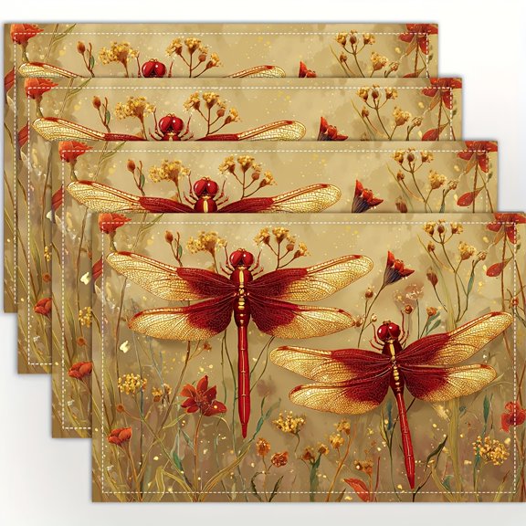 4pcs Fire Red and Golden Dragonflies in Meadow Placemats | Fashion Print Pattern Table Mats for Dining Table, Kitchen, Party, Indoor, Holiday, Dinner Parties and Home Decor, 12x18 Inch, Linen