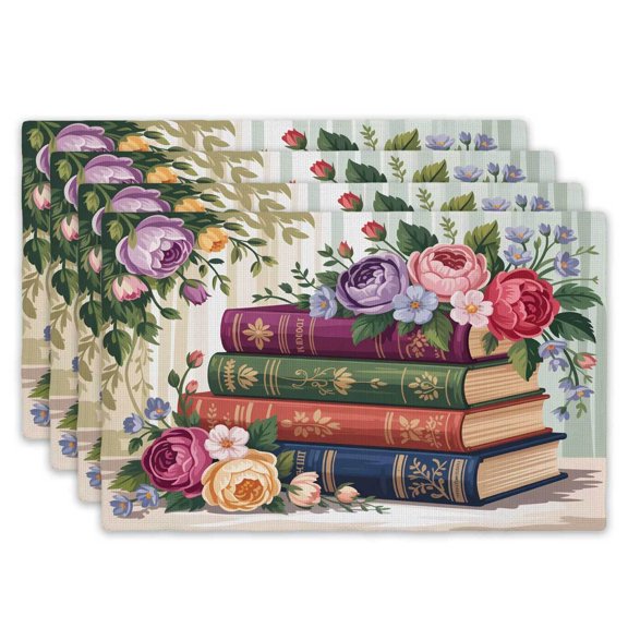 4pcs Floral Book Stack Placemats, 12x18 Inch Table Mats, Elegant Home Decor for Dining, Kitchen, and Holiday Gatherings - Ideal Housewarming Gift, Dining Table Decor|Floral Design Placemats