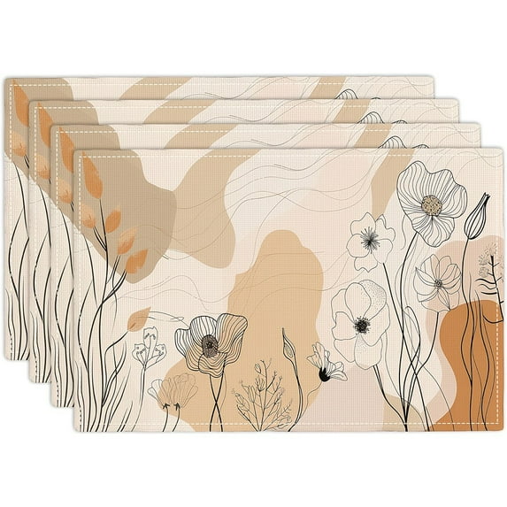 4pcs Floral Faux Linen Abstract Flowers Heat Resistant Table Mats Durable Washable Rustic Linen Vintage Placemats for Home Dinner Party Camping Wedding Table Decoration 12 x 18 Inch